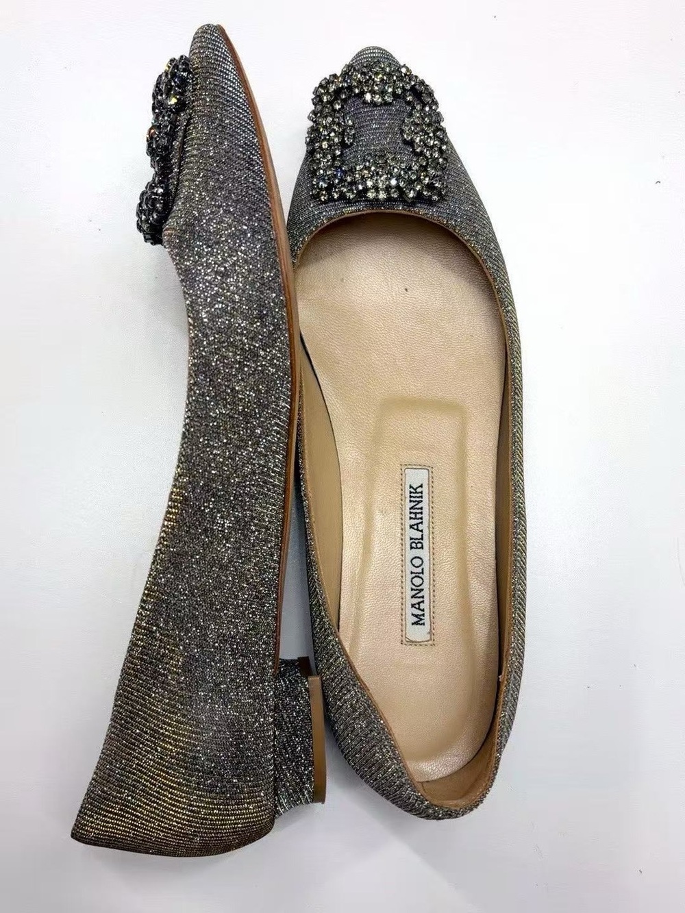 Manolo Blahnik Metallic Pewter Jeweled Slip-On Flats